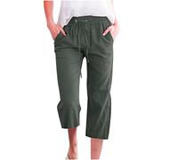 Women Linen Cropped Trousers with Elasticated Waist Ladies Wide Leg Pants Baggy Capri Summer Solid Casual Work Trousers Beach Pants Loose Fit Lounge Wear Bottoms with Pockets Army Green