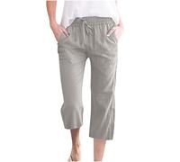 Women Linen Cropped Trousers with Elasticated Waist Ladies Wide Leg Pants Baggy Capri Summer Solid Casual Work Trousers Beach Pants Loose Fit Lounge Wear Bottoms with Pockets Grey