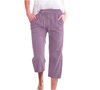 Women Linen Cropped Trousers with Elasticated Waist Ladies Wide Leg Pants Baggy Capri Summer Solid Casual Work Trousers Beach Pants Loose Fit Lounge Wear Bottoms with Pockets Purple