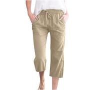 Women Linen Cropped Trousers with Elasticated Waist Ladies Wide Leg Pants Baggy Capri Summer Solid Casual Work Trousers Beach Pants Loose Fit Lounge Wear Bottoms with Pockets Khaki