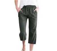 Women Linen Cropped Trousers with Elasticated Waist Ladies Wide Leg Pants Baggy Capri Summer Solid Casual Work Trousers Beach Pants Loose Fit Lounge Wear Bottoms with Pockets Green