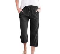 Women Linen Cropped Trousers with Elasticated Waist Ladies Wide Leg Pants Baggy Capri Summer Solid Casual Work Trousers Beach Pants Loose Fit Lounge Wear Bottoms with Pockets Black