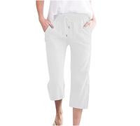 Women Linen Cropped Trousers with Elasticated Waist Ladies Wide Leg Pants Baggy Capri Summer Solid Casual Work Trousers Beach Pants Loose Fit Lounge Wear Bottoms with Pockets White