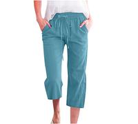 Women Linen Cropped Trousers with Elasticated Waist Ladies Wide Leg Pants Baggy Capri Summer Solid Casual Work Trousers Beach Pants Loose Fit Lounge Wear Bottoms with Pockets Sky Blue