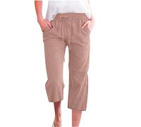 Women Linen Cropped Trousers with Elasticated Waist, Wide Leg with Pockets, Baggy Capri Summer Solid Casual Work Beach Pants, Loose Fit Track Lounge Clearance UK Size 8-22