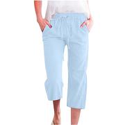 Women Linen Cropped Trousers with Elasticated Waist, Wide Leg with Pockets, Baggy Capri Summer Solid Casual Work Beach Pants, Loose Fit Track Lounge Clearance UK Size 8-22