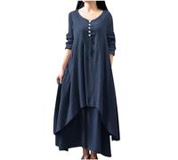 Women Linen Dresses Clearance Party Elegant Plus Size Round-Neck Solid Layered Long Dress Helf Sleeve Buttons Dress Vintage Cocktail Mini Dress A Line Swing Sundress Ladies Tunic Dress UK Size S-5XL