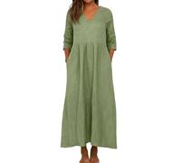 Women Linen Dresses Dress for Oversized Flowy Solid Color 3/4 Sleeve V Neck Cotton Maxi with Pockets Ladies Summer UK (Hot Pink, M)