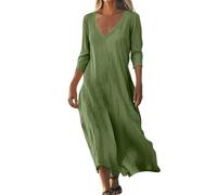 Women Linen Dresses for UK Brown Dress Elegant Flowy Solid Color 3/4 Sleeve V Neck Cotton Maxi Long Summer (Army Green, L)