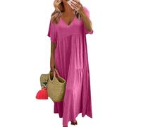 Women Linen Dresses Ladies Dress Casual Oversized Solid Color V Neck Short Sleeve Cotton Maxi with Big Hemline Plus Size (Hot Pink, 5XL)