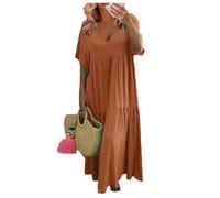 Women Linen Dresses Loose for UK Casual Oversized Solid Color V Neck Short Sleeve Cotton Maxi Dress with Big Hemline Womens (Orange, 3XL)