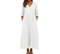 Women Linen Dresses Shirt Dress Made in Italy Oversized Flowy Solid Color 3/4 Sleeve V Neck Cotton Maxi with Pockets Ladies Shift (White, XL)