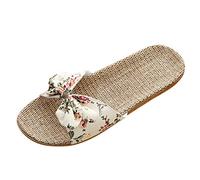 Women Linen Open Toe Slides Bow Strap Soft Sole Indoor Slippers Boho Non Slip Flats Bathroom Shoes Cute Summer Causal Comfort Breathable Outdoor Resort Beach Sandals (Beige, 6.5-7.5)