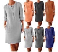 Women Linen Shift Dresses Sale Clearance Italian Linen Dresses Long Sleeve Loose Fitting Dress Ladies Button Down Dress Summer Baggy Smock Dresses with Pockets Hemp Sundress for Beach Holiday