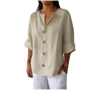 Women Linen Shirt Casual Beach Blouse Sale Clearance Button Down Long Sleeve Shirts Ladies Elegant Office Work Blouses Plus Size Solid Color T-Shirt Loose Fit Tunic Tops Turn-Down Collar Blouse, S-4XL