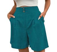 Women Linen Shorts Elastic Waist Womens Linen Shorts UK Elasticated High Waist Solid Summer Bermuda with Pockets Lightweight Loose Hot Pants Dressy Wide Leg Daily Work Short Trousers Light Green