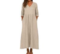 Women Linen Sleeveless Dress Black Oversized Flowy Solid Color 3/4 Sleeve V Neck Cotton Maxi Dresses with Pockets Ladies Midi Summer (Black, M)
