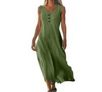 Women Linen Sleeveless Dress Dresses Maxi for Casual Flowy Solid Color Button V Neck Cotton with Hemline Long (Army Green, XXL)