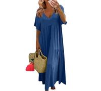 Women Linen Sleeveless Dress Italian Dresses Women's UK Casual Oversized Solid Color V Neck Short Sleeve Cotton Maxi with Big Hemline Plus Size for (Blue, M)