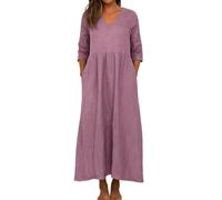 Women Linen Sleeveless Dress Maxi Summer Dresses for Oversized Flowy Solid Color 3/4 Sleeve V Neck Cotton with Pockets Ladies (Wine, M)