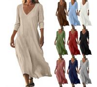 Women Linen Sleeveless Dress Shift Dresses Long Summer Elegant Flowy Solid Color 3/4 Sleeve V Neck Cotton Maxi for (Khaki, L)