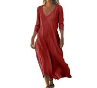 Women Linen Sleeveless Dress White Maxi Long Summer Dresses Elegant Flowy Solid Color 3/4 Sleeve V Neck Cotton Ladies (Wine, XXL)