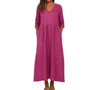 Women Linen Sleeveless Dress Womens Oversized Flowy Solid Color 3/4 Sleeve V Neck Cotton Maxi Dresses with Pockets (Hot Pink, S)