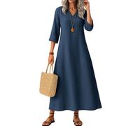 Women Linen Sleeveless Dress Womens Women's Dresses Classic Flowy Solid Color Long Sleeve V Neck Cotton Maxi with Hemline Plus Size for (Navy, XXL)