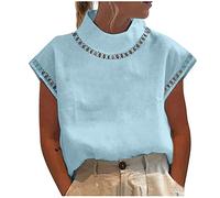 Women Linen Summer Shirt Dressy Causal Cut Out Blouses Short Sleeve Turtle Neck Lace Tops Trendy Ladies Going Out Clothes Eyelet T-Shirt Tunic Blouse Chic Elegant Loose Ladies Tops Sale Clearance