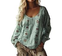 Women Linen Tops Oversized Bohemian Embroidered Tops Fall Long Sleeve Vintage Loose Elegant Blouses Ladies Beach Leisure Hippie Clothes Retro Floral Pattern Tunics L, Green Style#4