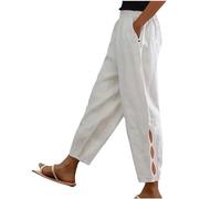 Women Linen Trousers Cropped Harlan Trouser Drawstring Elastic Waist Long Pants Straight Wide Leg Lounge Pant Summer Casual Loose High Waisted Palazzo Loose Fit Ladies Bottoms with Pockets,S-3XL
