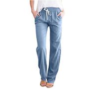 Women Linen Trousers UK Clearance High Elastic Waist Drawstring Trousers Solid Color Straight Leg Long Pants Summer Loose Stretch Beach Trousers with Pockets Ladies Cotton Linen Trousers UK Size 8-18