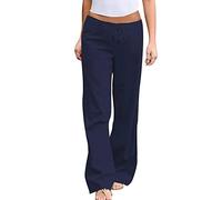 Women Linen Trousers Womens Clothing Summer Solid Color Elastic Waist Cotton Wide Leg Pants Casual Loose Lace Up Pants for Women Classics White Chub Rub Shorts Women Sale Clearance Necessary for Sleep