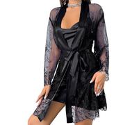 Women Lingerie Satin Robes Set Silk Pajama Sets 2 Piece Lace Cami Nightgown Backless Sleep Mini Dress Sleepwear Bridesmiad Wedding Kimonos Black M