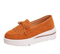 Women Loafers Suede Leather Tassel Bow-Knot Slip-On Casual Shoes Lightweight Breathable Anti-Skid Platform Shoes Orange
