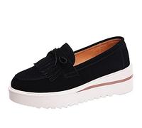 Women Loafers Suede Leather Tassel Bow-Knot Slip-On Casual Shoes Lightweight Breathable Anti-Skid Platform Shoes Black