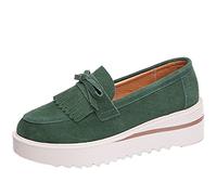 Women Loafers Suede Leather Tassel Bow-Knot Slip-On Casual Shoes Lightweight Breathable Anti-Skid Platform Shoes Green