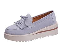 Women Loafers Suede Leather Tassel Bow-Knot Slip-On Casual Shoes Lightweight Breathable Anti-Skid Platform Shoes Gray