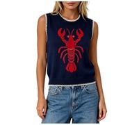 Women Lobster Jacquard Striped Knit Sleeveless Vest Crew Neck | Contrast Trim Knitted Tank Top Retro Nautical Pattern Casual Blouse For Street Holiday Occasions Relaxed-Fit Light Layering