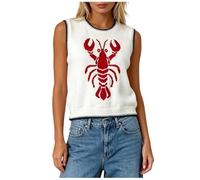 Women Lobster Jacquard Striped Knit Sleeveless Vest Crew Neck | Contrast Trim Knitted Tank Top Retro Nautical Pattern Casual Blouse For Street Holiday Occasions Relaxed-Fit Light Layering