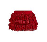 Women Lolita Bloomers Ruffle Shorts Y2k Low Waist Lace Trim Boxer Shorts Solid Color Retro Fairy Grunge Lolita Pettipants (Red, XL)