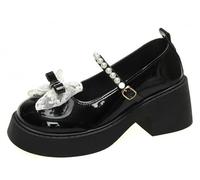 Women Lolita Shoes Heel Mary Jane Lace Pumps with Bow Kawaii Cute Cosplay Wedge Boots Cross Strap Block Heel Sweet Style
