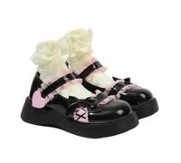 Women Lolita Shoes Heel Mary Jane Lace Pumps with Bow Kawaii Cute Cosplay Wedge Boots Cross Strap Block Heel Sweet Style