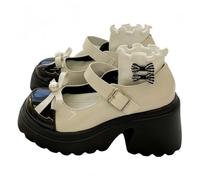 Women Lolita Shoes Heel Mary Jane Lace Pumps with Bow Kawaii Cute Cosplay Wedge Boots Cross Strap Block Heel Sweet Style