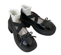 Women Lolita Shoes Heel Mary Jane Lace Pumps with Bow Kawaii Cute Cosplay Wedge Boots Cross Strap Block Heel Sweet Style