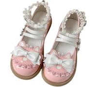 Women Lolita Shoes Heel Mary Jane Lace Pumps with Bow Kawaii Cute Cosplay Wedge Boots Cross Strap Block Heel Sweet Style