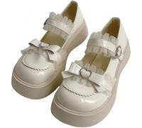 Women Lolita Shoes Heel Mary Jane Lace Pumps with Bow Kawaii Cute Cosplay Wedge Boots Cross Strap Block Heel Sweet Style