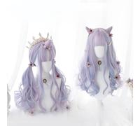 Women Lolita Unicorn Long Curly Curls Double Wavy Ponytails Wig with Bangs (2pcs blue purple daemon horns)