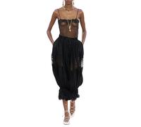 Women Long Bloomer Pants Y2K Lace Trim Pettipants Pantaloons Elastic Waist Cropped Slip Pants Capri Pj Bottoms (A-Black, L)