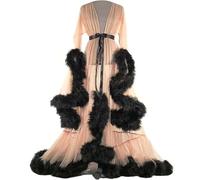 Women Long Bridal Robe Sexy Lingerie Sheer See Through Nightgown Kimono Robe with Feather Trim Mesh Sheer Lace Nightwear Kimono Dressing Gown,E,One Size